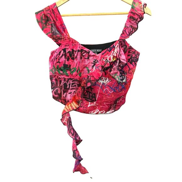Dolls Kill Current Mood Pink Graffiti Bustier Top Size Small Asymmetrical Grunge - Picture 1 of 7